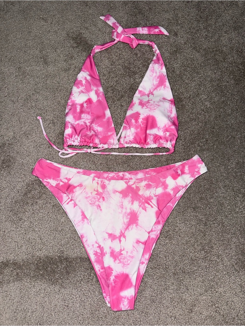 Amazon Essentials Pink and White Tie-Dye Halter Bikini